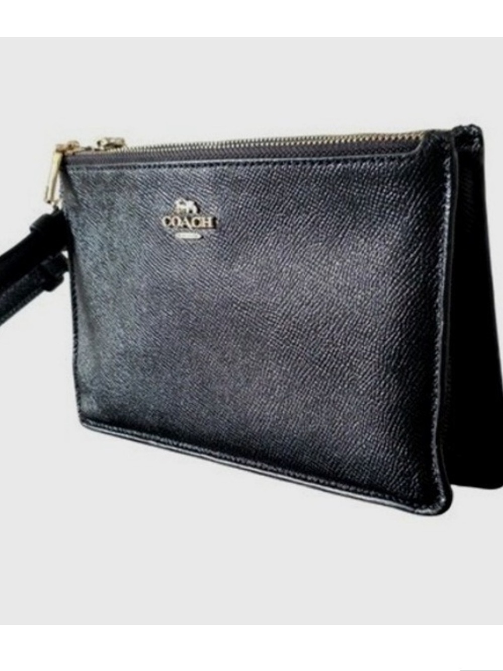 Coach Womens Black Crossgrain Leather Double Zip Wristlet Clutch Gold Hardware